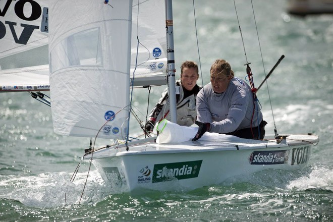 Hannah Mills and Saskia Clark, (GBR) racing in the 470 Women class on day 6 of the Skandia Sail for Gold Regatta, in Weymouth and Portland, the 2012 Olympic venue. &copy; onEdition http://www.onEdition.com
